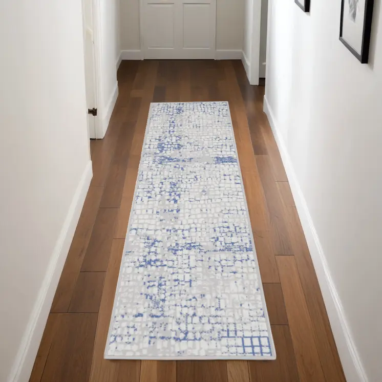 8' Ivory Blue and Gray Abstract Distressed Non Skid Runner Rug