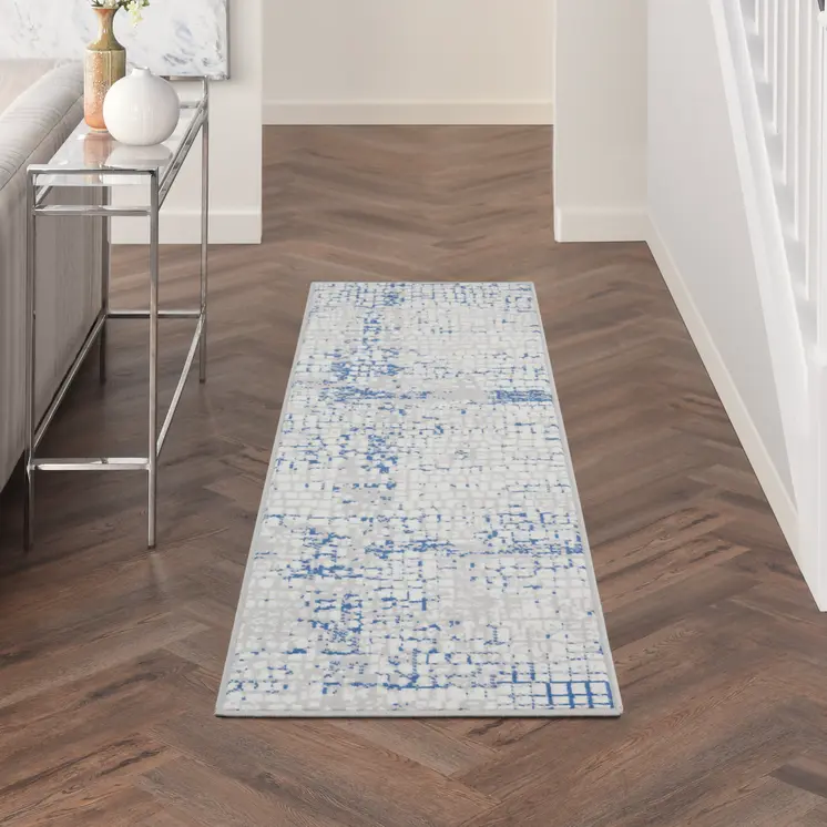 8' Ivory Blue and Gray Abstract Distressed Non Skid Runner Rug