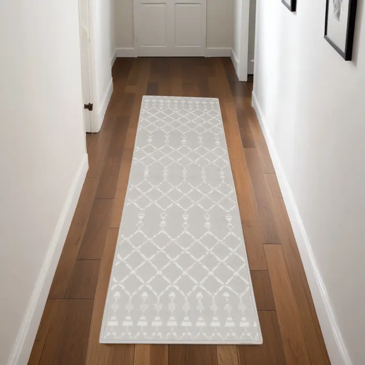 8' Gray and Ivory Moroccan Distressed Non Skid Runner Rug