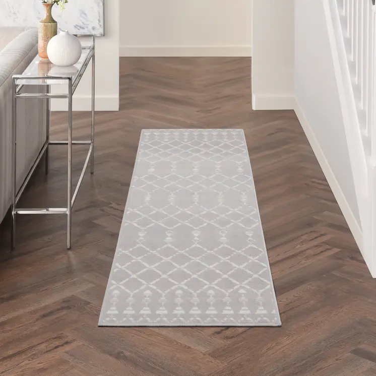 8' Gray and Ivory Moroccan Distressed Non Skid Runner Rug