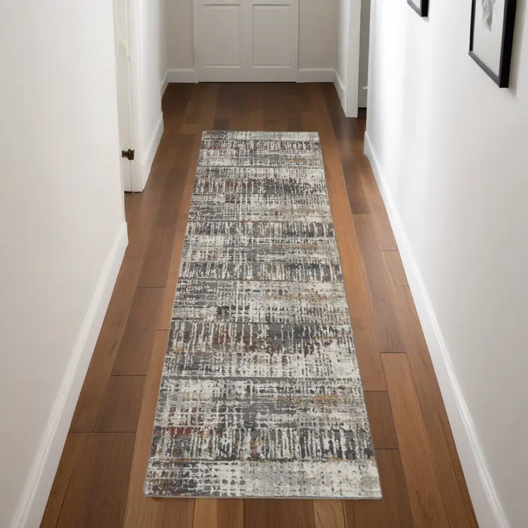 8' Cream Black and Gray Abstract Runner Rug