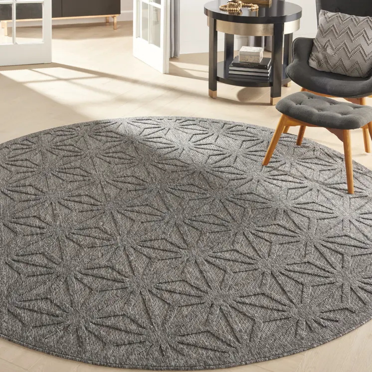 8' Dark Gray And Light Gray Round Geometric Indoor Outdoor Area Rug