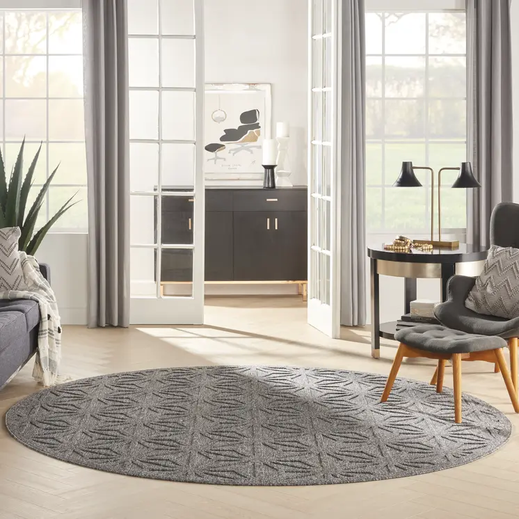 8' Dark Gray And Light Gray Round Geometric Indoor Outdoor Area Rug