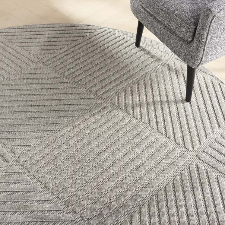 8' Light Gray And Gray Round Geometric Indoor Outdoor Area Rug