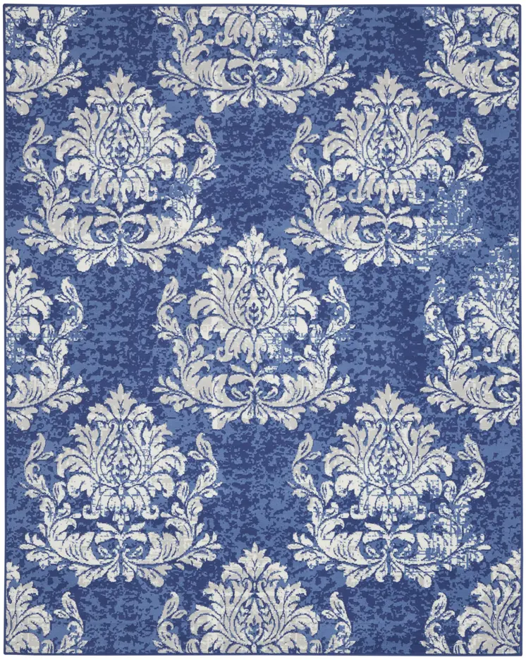 7' X 10' Navy Blue and Ivory Damask Distressed Non Skid Area Rug