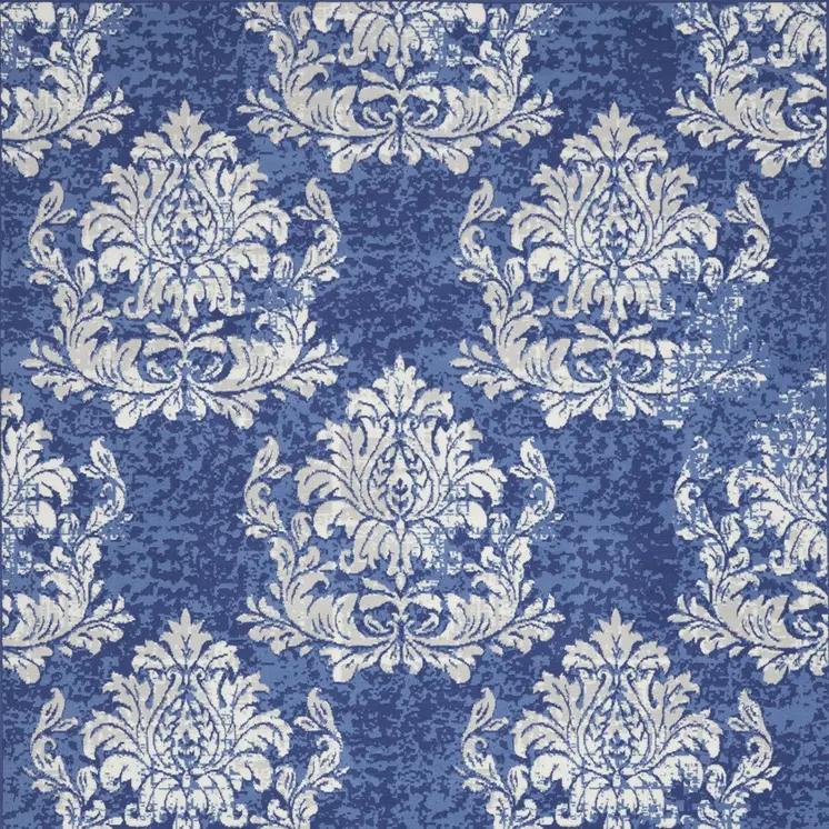 7' X 10' Navy Blue and Ivory Damask Distressed Non Skid Area Rug