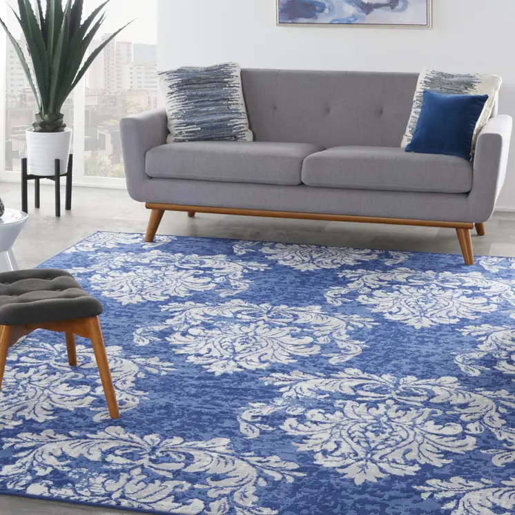 7' X 10' Navy Blue and Ivory Damask Distressed Non Skid Area Rug