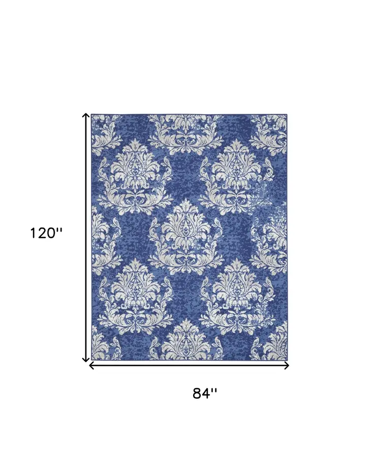 7' X 10' Navy Blue and Ivory Damask Distressed Non Skid Area Rug