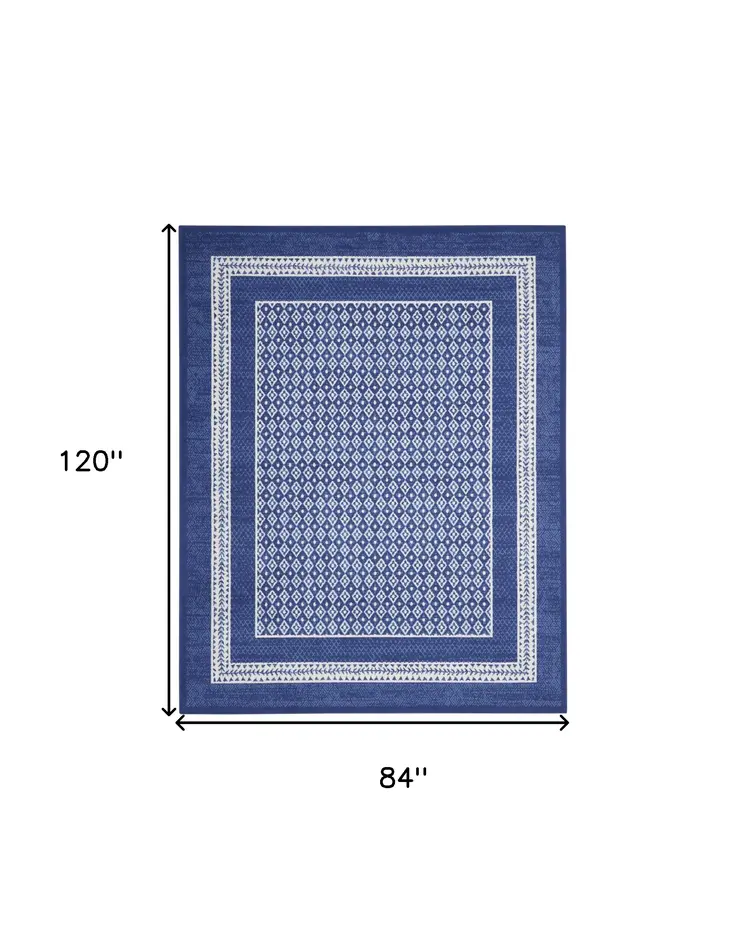 7' X 10' Ivory and Navy Blue Geometric Distressed Non Skid Area Rug