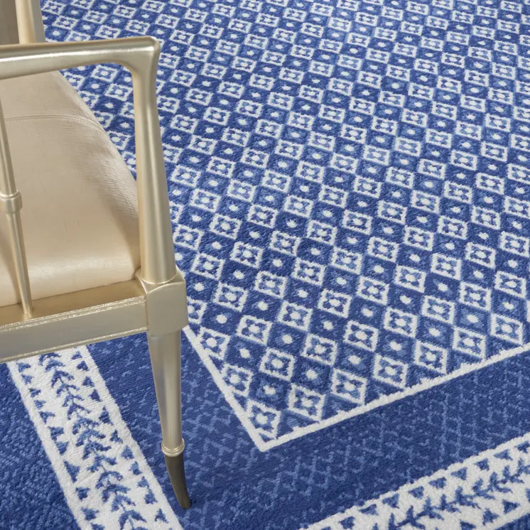 7' X 10' Ivory and Navy Blue Geometric Distressed Non Skid Area Rug