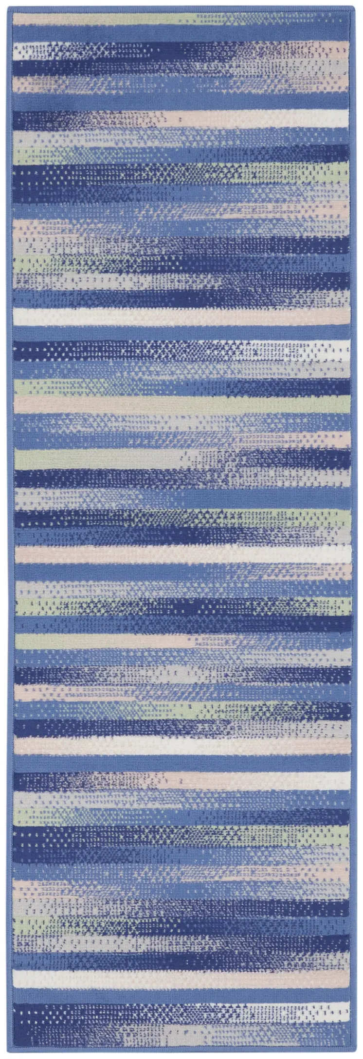 8' Ivory Tan and Blue Abstract Distressed Non Skid Runner Rug