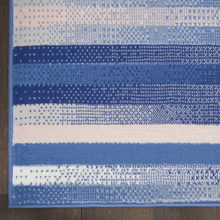 8' Ivory Tan and Blue Abstract Distressed Non Skid Runner Rug