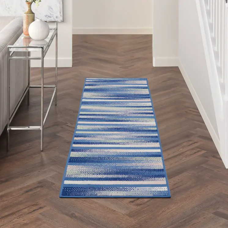 8' Ivory Tan and Blue Abstract Distressed Non Skid Runner Rug