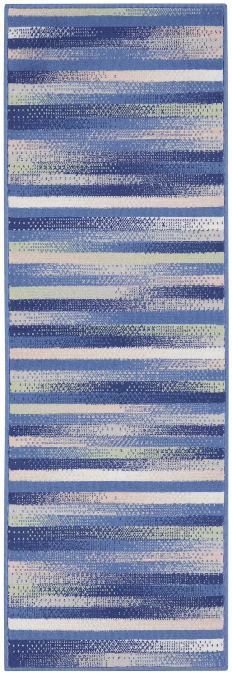 8' Ivory Tan and Blue Abstract Distressed Non Skid Runner Rug