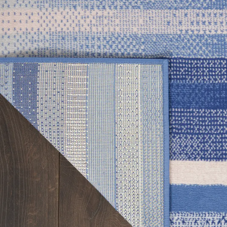 8' Ivory Tan and Blue Abstract Distressed Non Skid Runner Rug