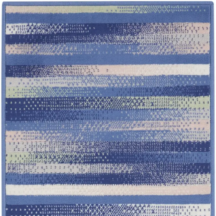 8' Ivory Tan and Blue Abstract Distressed Non Skid Runner Rug