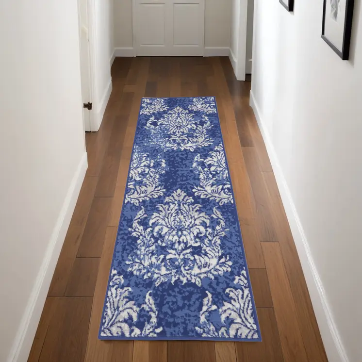8' Navy Blue and Ivory Damask Distressed Non Skid Runner Rug