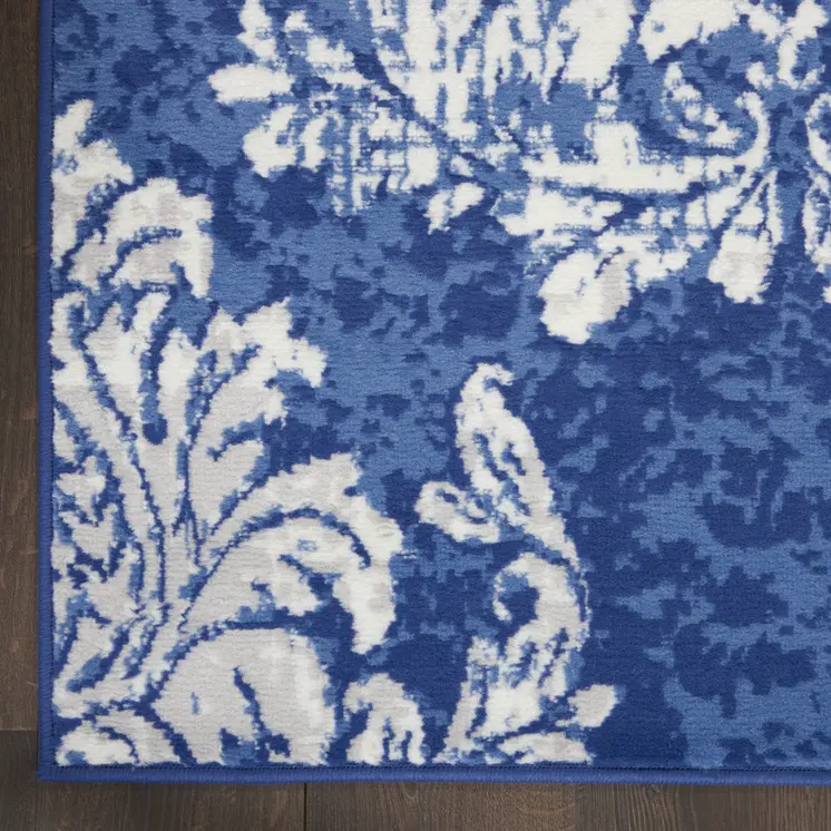 8' Navy Blue and Ivory Damask Distressed Non Skid Runner Rug
