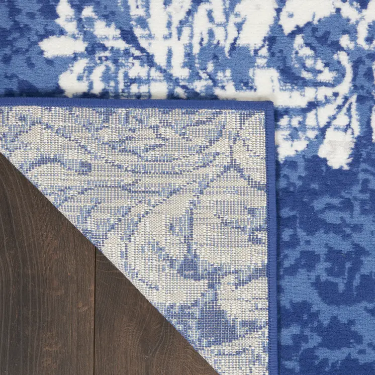 8' Navy Blue and Ivory Damask Distressed Non Skid Runner Rug