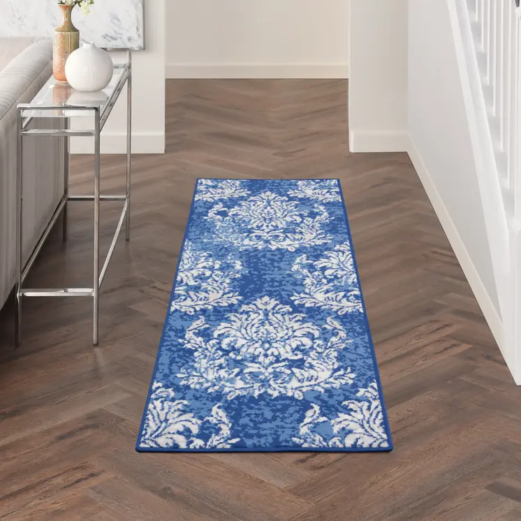 8' Navy Blue and Ivory Damask Distressed Non Skid Runner Rug