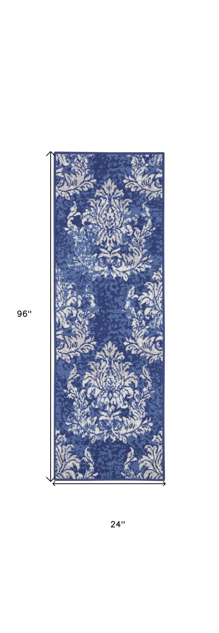 8' Navy Blue and Ivory Damask Distressed Non Skid Runner Rug