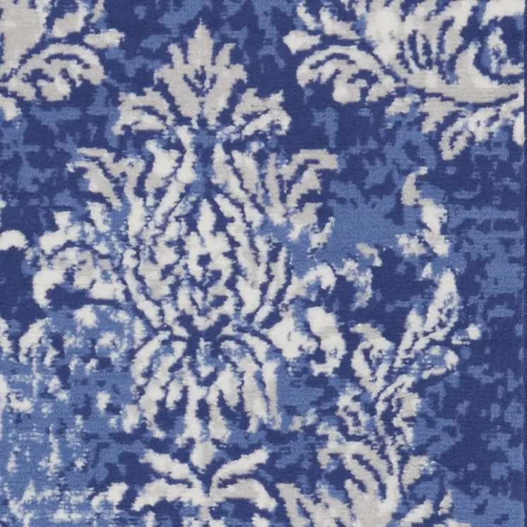 8' Navy Blue and Ivory Damask Distressed Non Skid Runner Rug