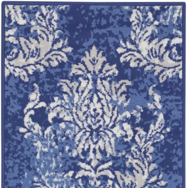 8' Navy Blue and Ivory Damask Distressed Non Skid Runner Rug