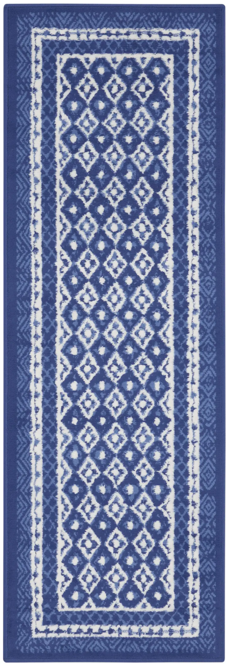 8' Ivory and Navy Blue Geometric Distressed Non Skid Runner Rug