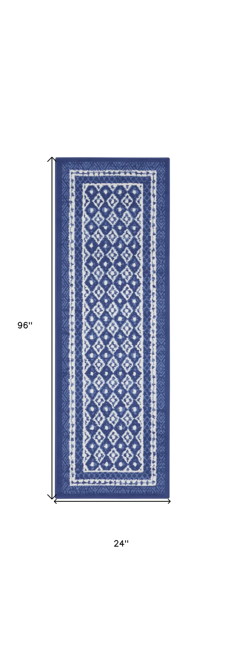 8' Ivory and Navy Blue Geometric Distressed Non Skid Runner Rug