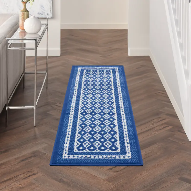8' Ivory and Navy Blue Geometric Distressed Non Skid Runner Rug