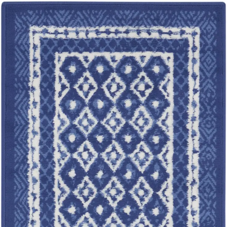 8' Ivory and Navy Blue Geometric Distressed Non Skid Runner Rug