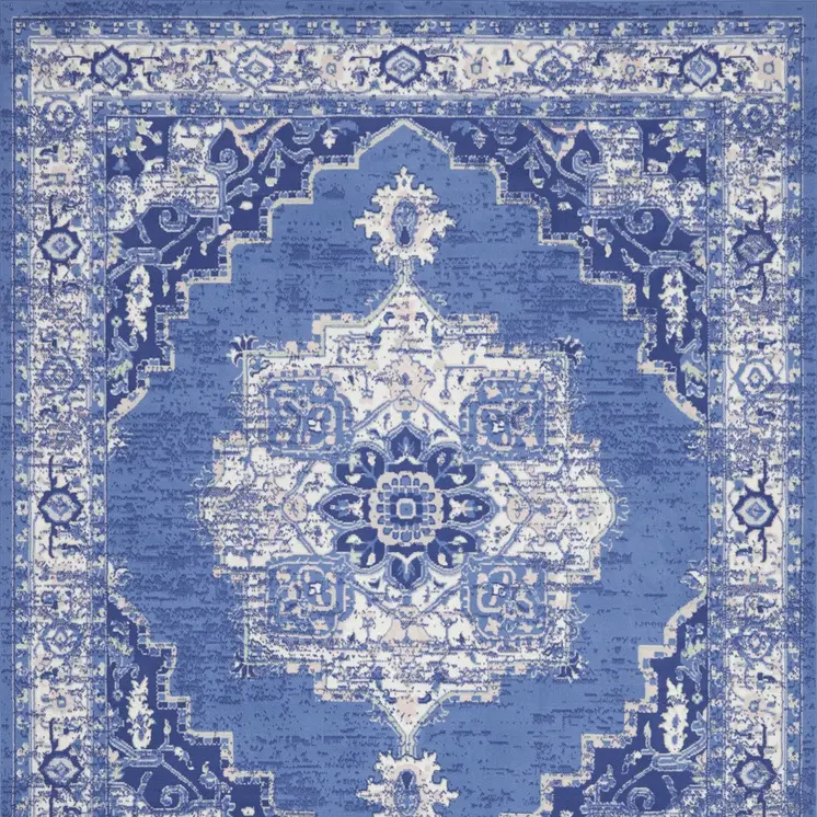 7' X 10' Ivory Navy Blue and Beige Floral Medallion Distressed Non Skid Area Rug