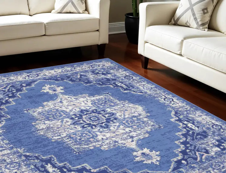 7' X 10' Ivory Navy Blue and Beige Floral Medallion Distressed Non Skid Area Rug