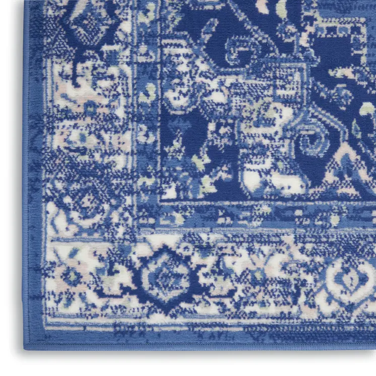 7' X 10' Ivory Navy Blue and Beige Floral Medallion Distressed Non Skid Area Rug