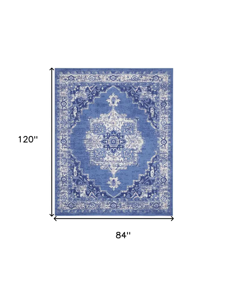 7' X 10' Ivory Navy Blue and Beige Floral Medallion Distressed Non Skid Area Rug
