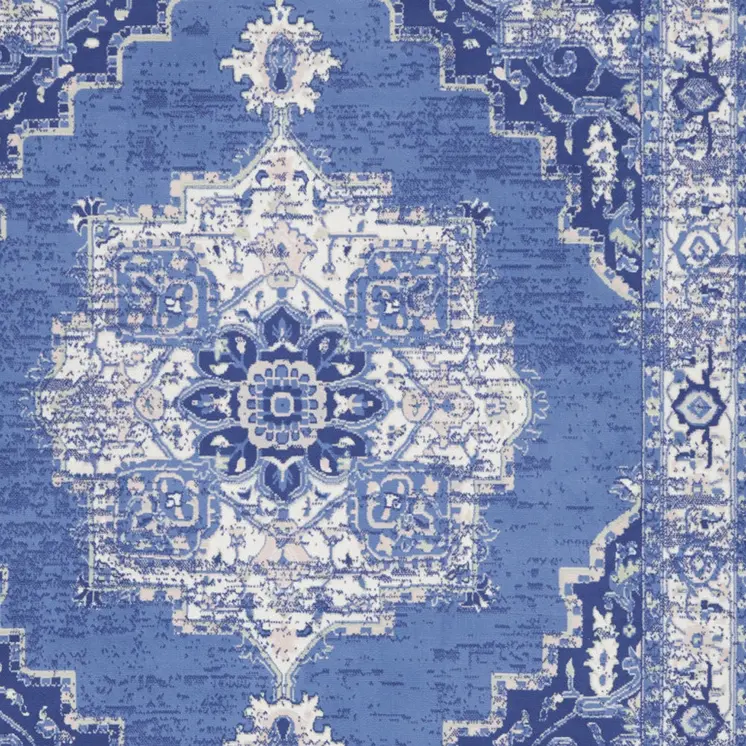 7' X 10' Ivory Navy Blue and Beige Floral Medallion Distressed Non Skid Area Rug