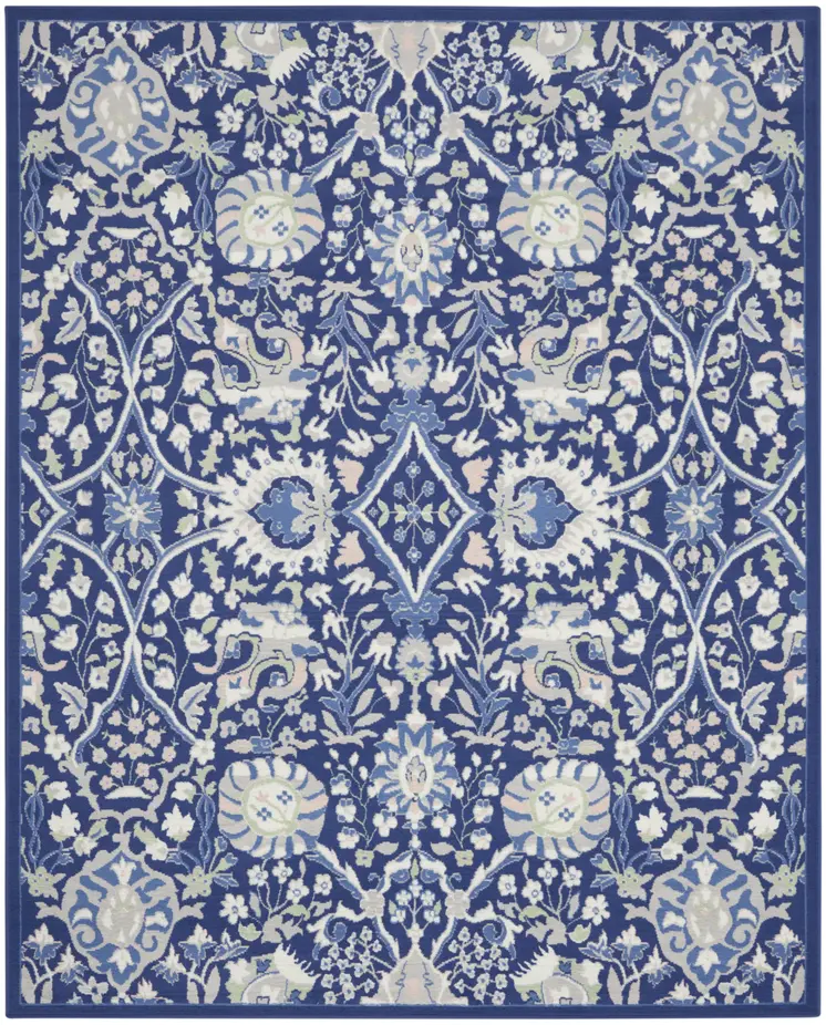 7' X 10' Navy Blue Ivory and Beige Floral Distressed Non Skid Area Rug