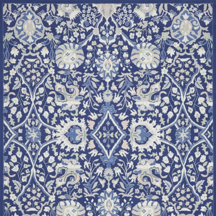 7' X 10' Navy Blue Ivory and Beige Floral Distressed Non Skid Area Rug