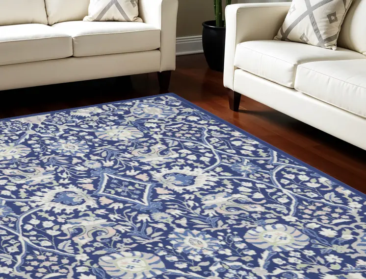 7' X 10' Navy Blue Ivory and Beige Floral Distressed Non Skid Area Rug