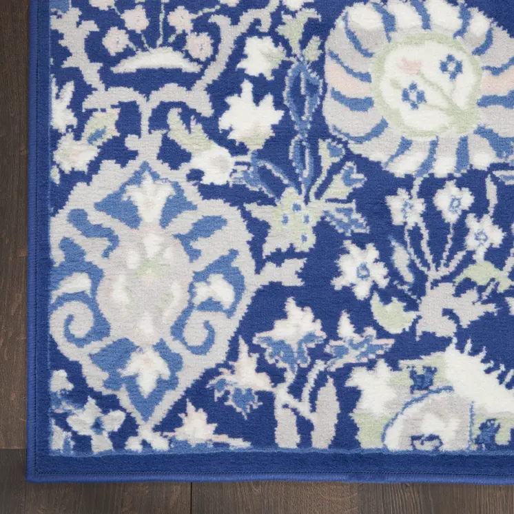 7' X 10' Navy Blue Ivory and Beige Floral Distressed Non Skid Area Rug