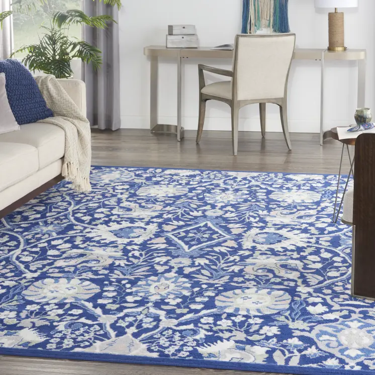 7' X 10' Navy Blue Ivory and Beige Floral Distressed Non Skid Area Rug
