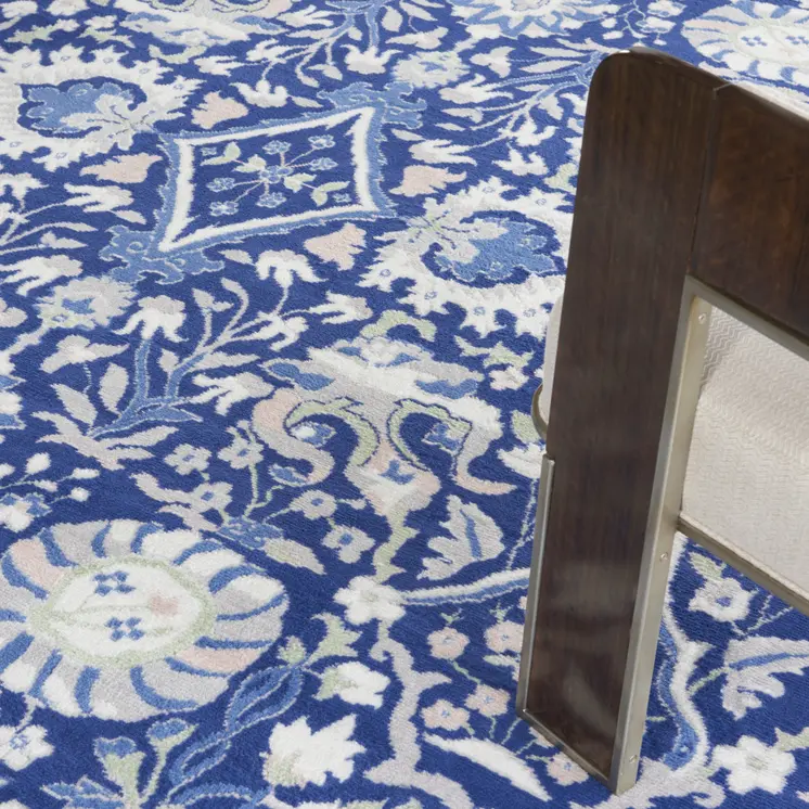 7' X 10' Navy Blue Ivory and Beige Floral Distressed Non Skid Area Rug
