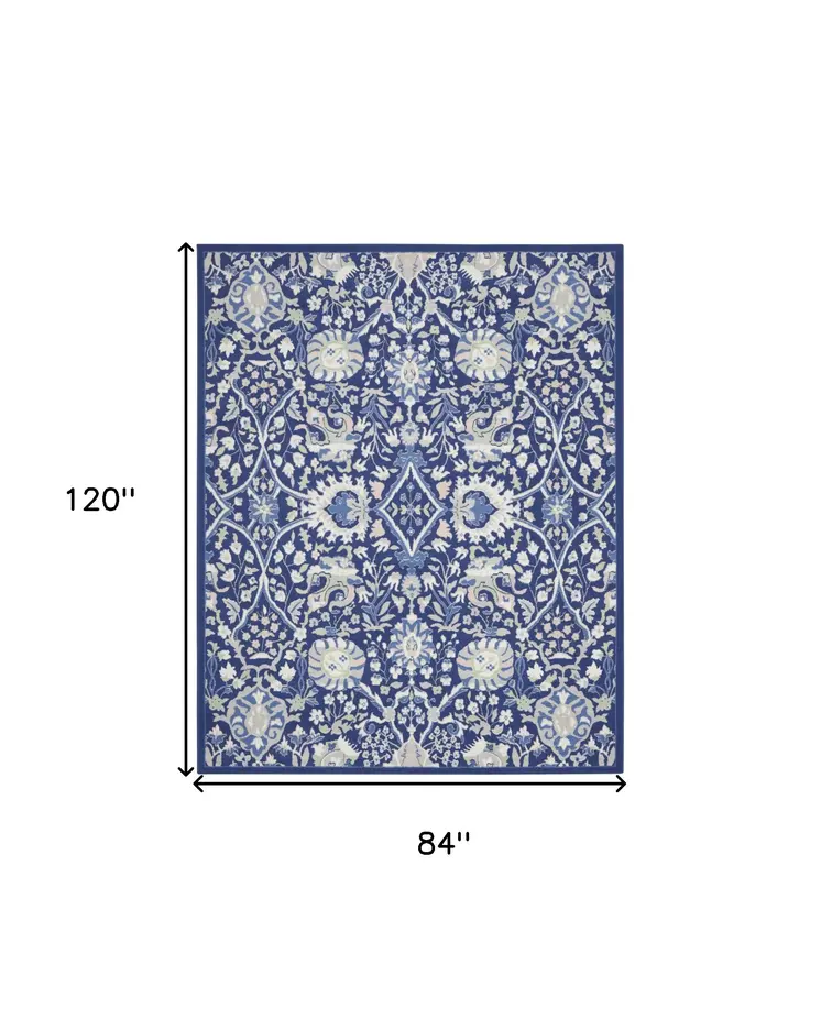 7' X 10' Navy Blue Ivory and Beige Floral Distressed Non Skid Area Rug