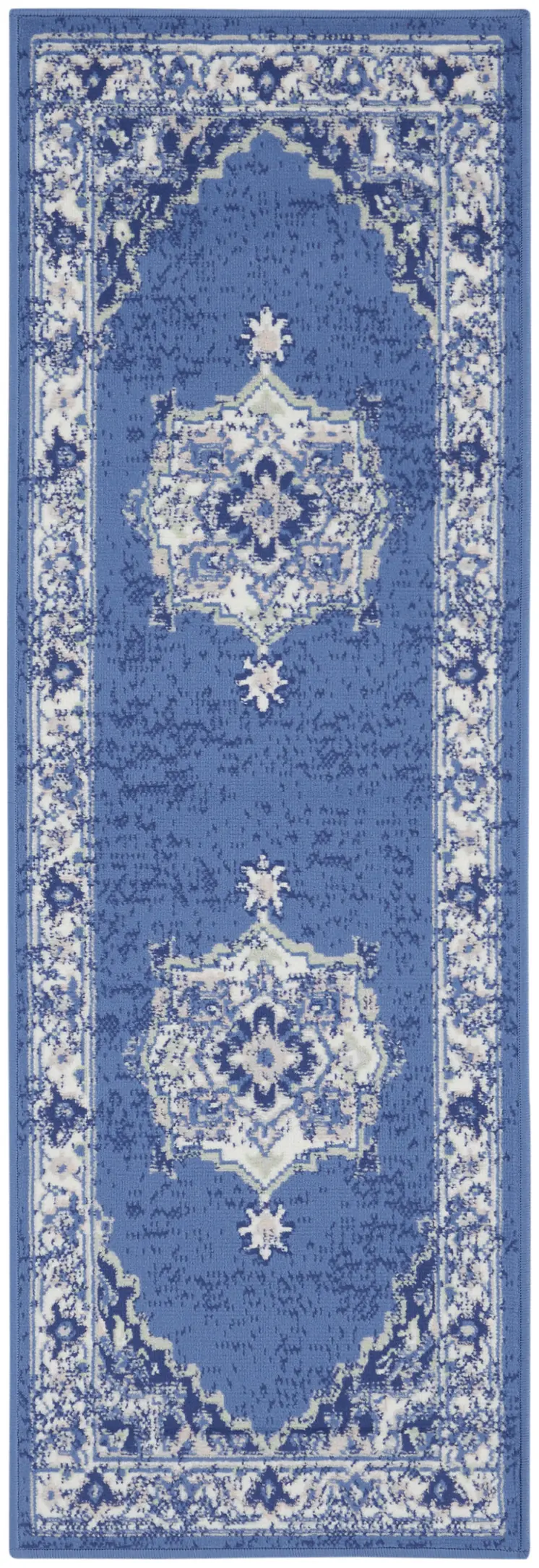 8' Ivory Navy Blue and Beige Floral Medallion Distressed Non Skid Runner Rug