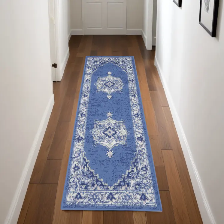 8' Ivory Navy Blue and Beige Floral Medallion Distressed Non Skid Runner Rug