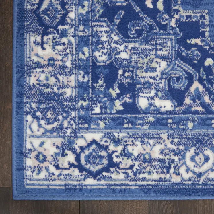 8' Ivory Navy Blue and Beige Floral Medallion Distressed Non Skid Runner Rug