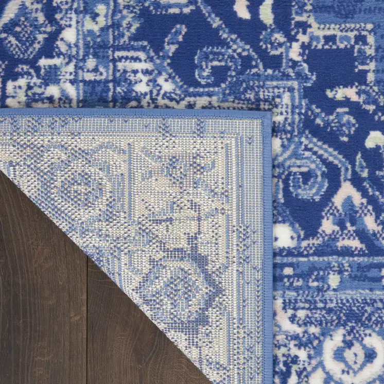 8' Ivory Navy Blue and Beige Floral Medallion Distressed Non Skid Runner Rug