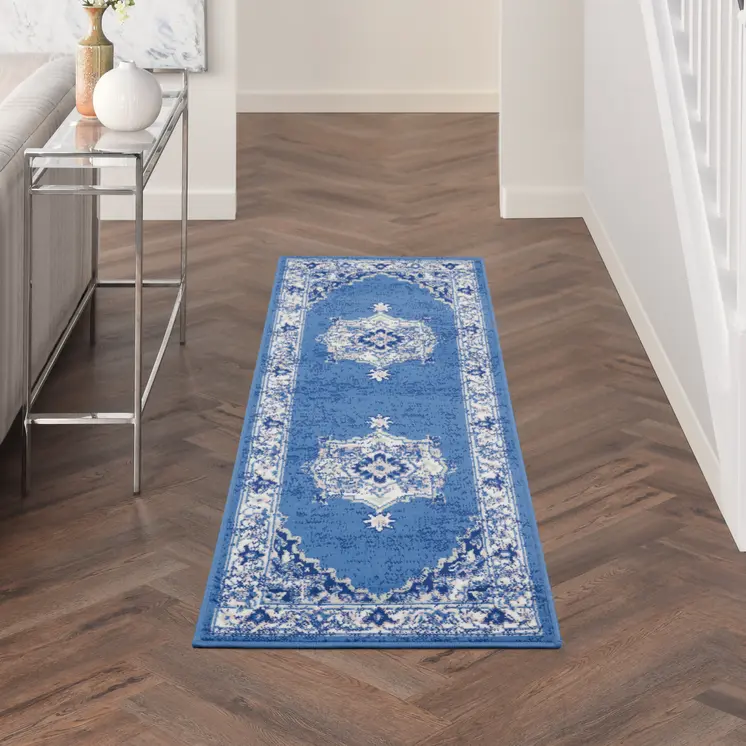 8' Ivory Navy Blue and Beige Floral Medallion Distressed Non Skid Runner Rug