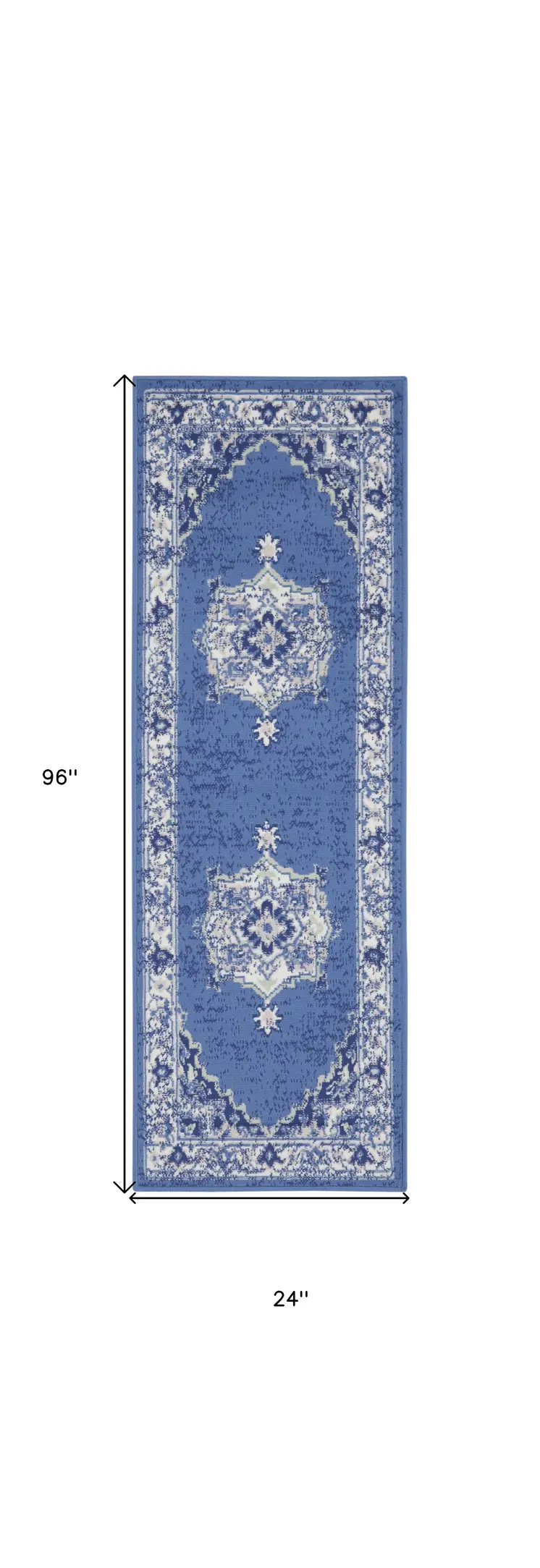 8' Ivory Navy Blue and Beige Floral Medallion Distressed Non Skid Runner Rug