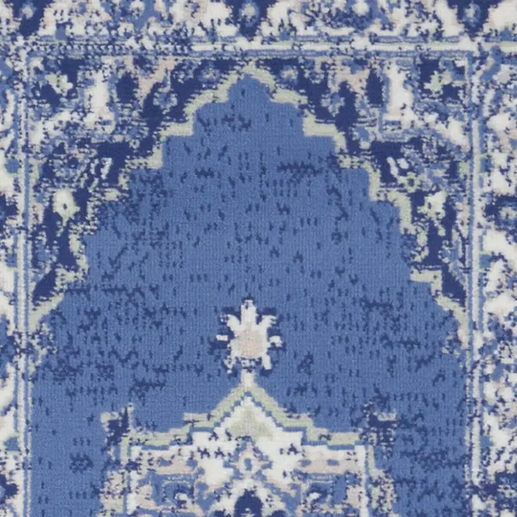 8' Ivory Navy Blue and Beige Floral Medallion Distressed Non Skid Runner Rug
